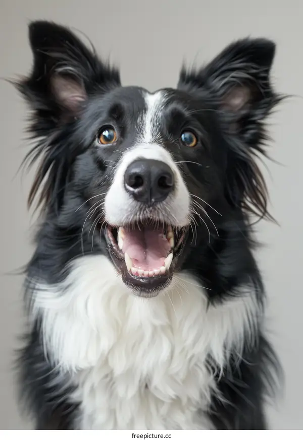 A happy Border Collie dog looking up at the camera with a smile on its face
