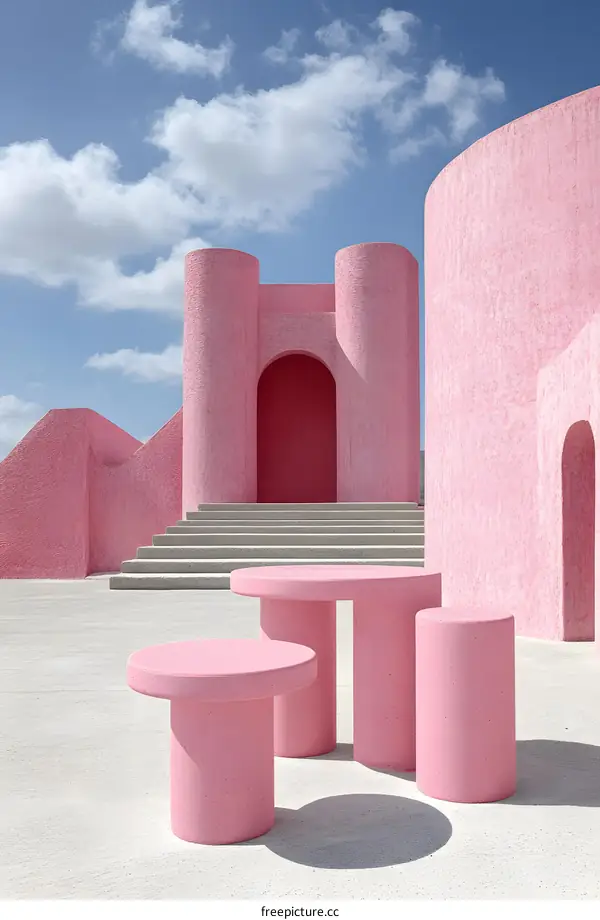 Pink Architectural Structure with Arches and Circular Forms