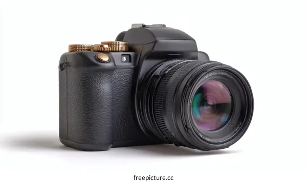 Black DSLR Camera with Gold Accents