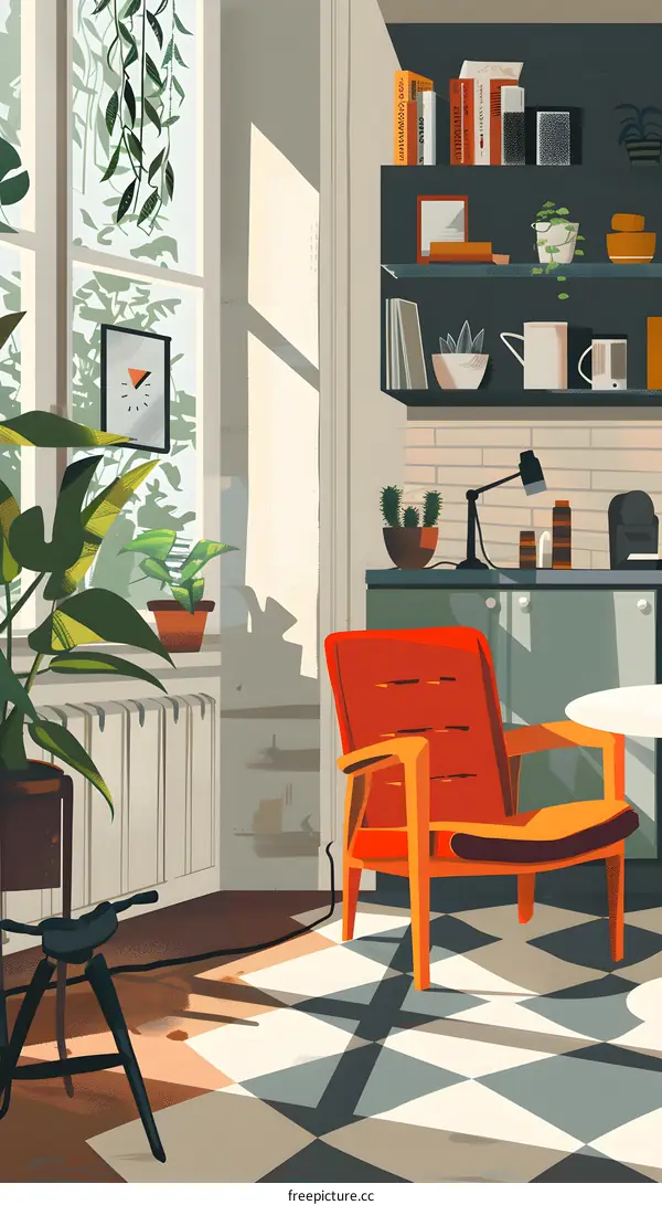 Modern Home Interior Design with Red Chair and Plants