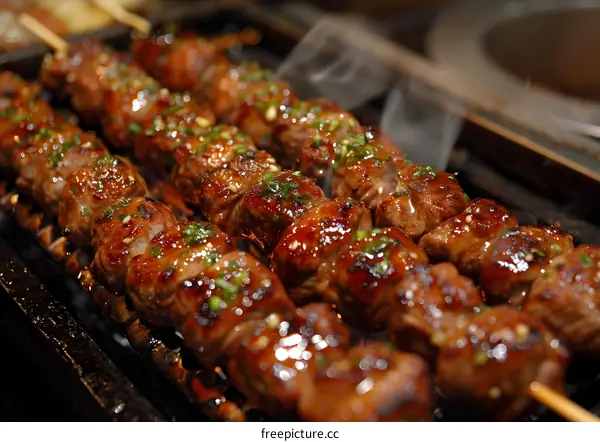 Grilled meat skewers on a grill