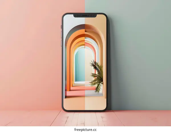 Phone Mockup with Colorful Arches and Palm Tree on Screen