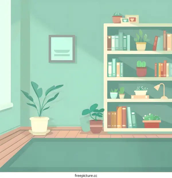 Green Living Room with Bookshelf and Plants
