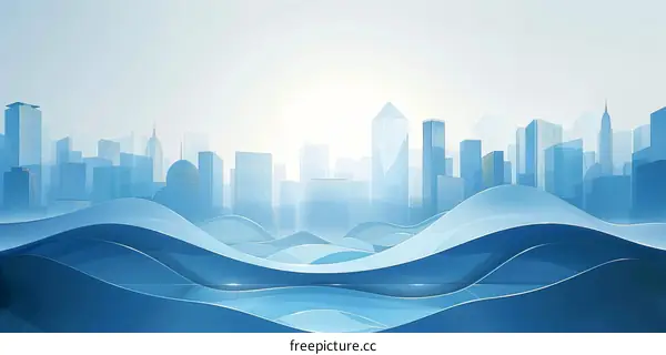 Abstract Futuristic Cityscape with Blue Waves