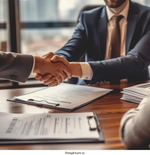 Businessmen shaking hands over a desk with paperwork