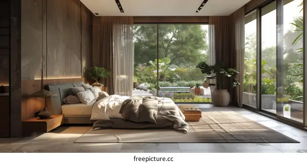 Luxurious Bedroom with Balcony and Garden