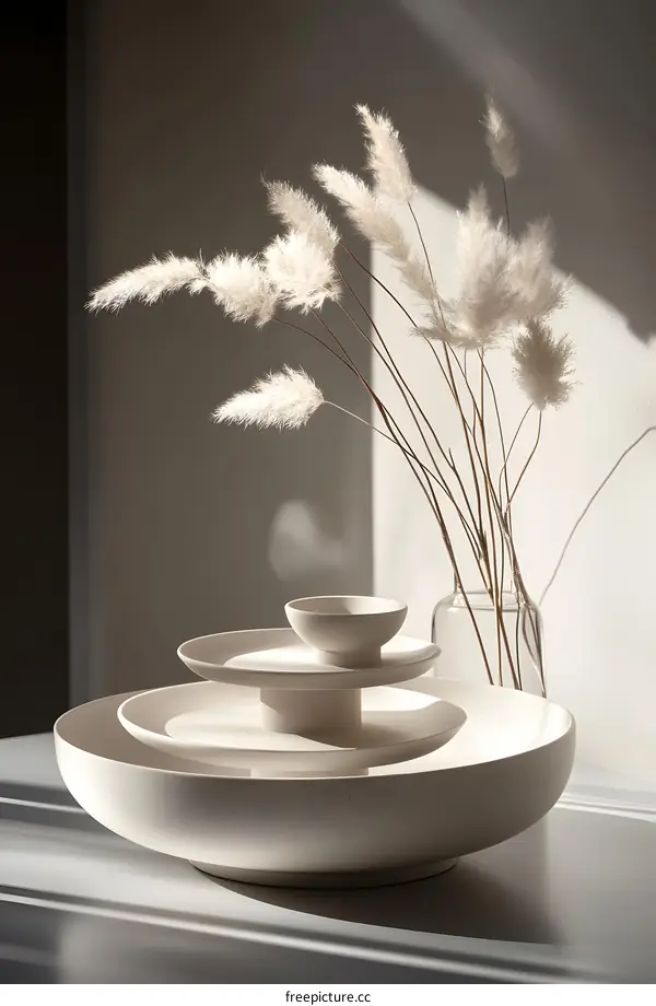 Minimalist Home Decor with White Plates and Pampas Grass