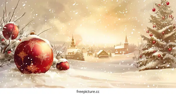 Christmas Village in Snowy Winter Landscape with Christmas Trees Snowmen & Santa Clause