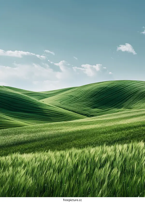 Green rolling hills of wheat field under blue sky