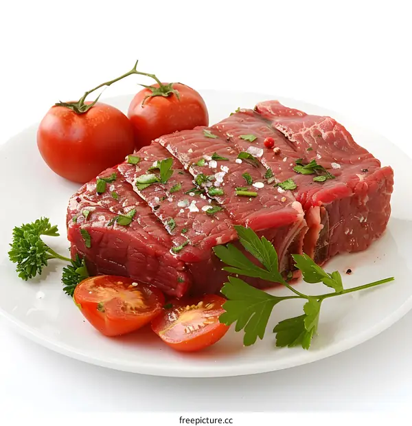 raw beef tenderloin with tomatoes and parsley