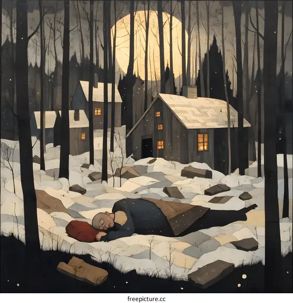 Sleeping Man in a Snowy Forest Under the Moon
