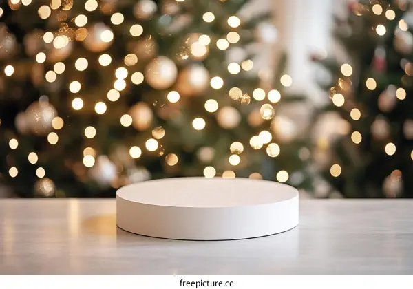 White Display Podium Against Christmas Lights