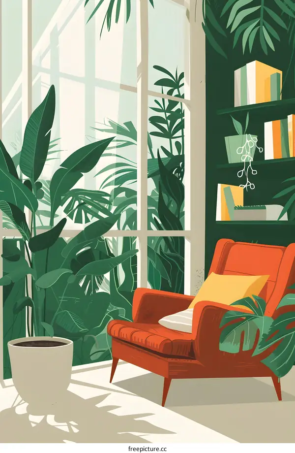 Green Living Room with Armchair and Bookshelf