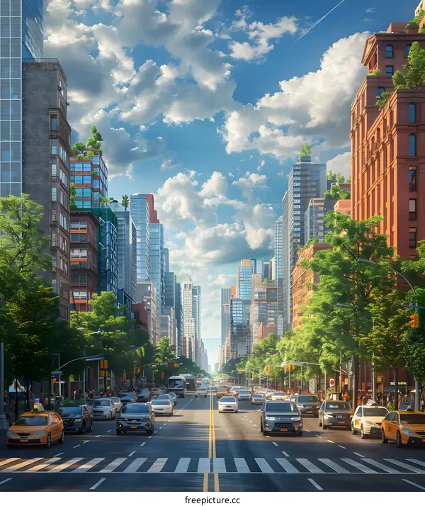 A wide and long street in New York City with many cars and people on it
