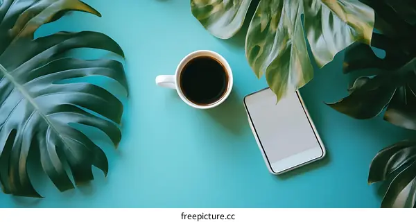 Flat Lay of Coffee, Phone, and Green Leaves on Blue Background