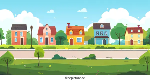 Cute Cartoon Illustration Of Colorful Houses On A Green Lawn
