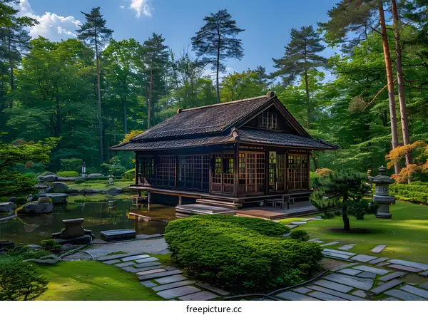 japanese tea house in a lush green garden