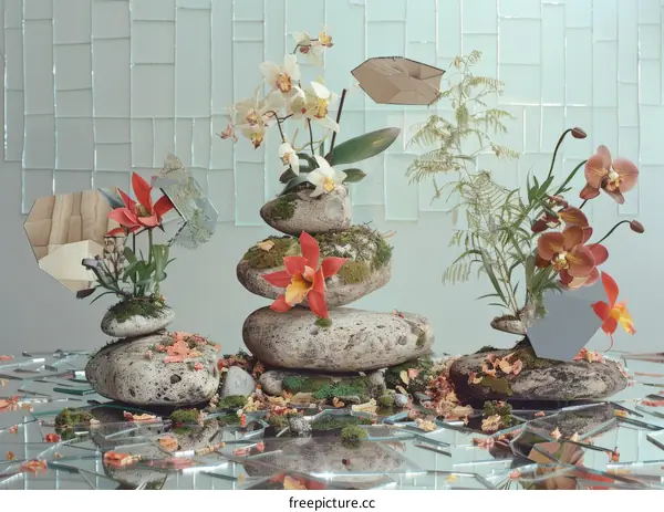 Orchid Bloom on Broken Mirror and Rocks