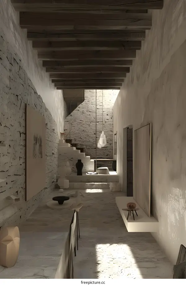 Minimalist Interior Design With Stone Walls And Wooden Beams