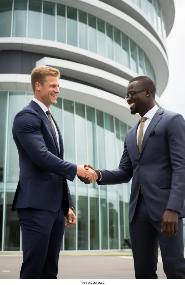 Two businessmen shaking hands in front of a modern office building