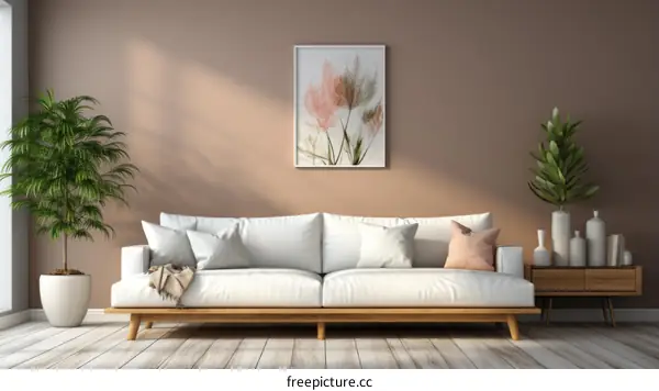 Airy Neutral Living Room with Plants and a White Sofa