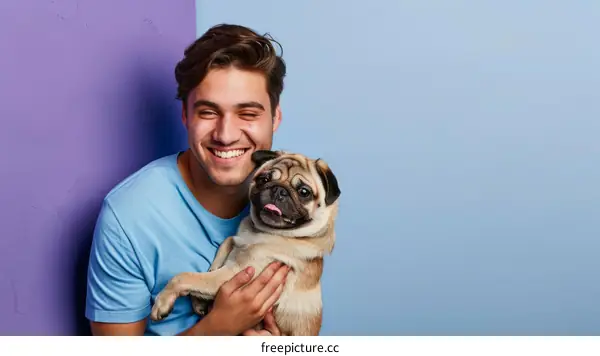 A young man is holding a pug