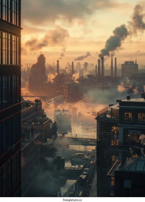 A digital painting of a cityscape with factories and a river