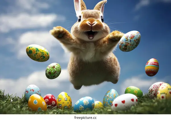 Adorable Easter Bunny with Colorful Eggs in the Sky