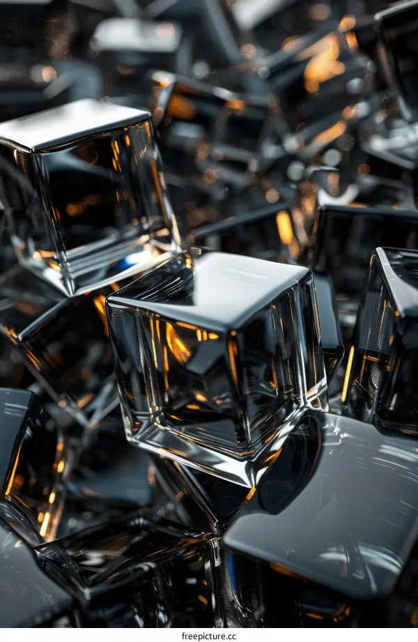 3D rendering of一堆晶莹剔透的黑色玻璃立方体