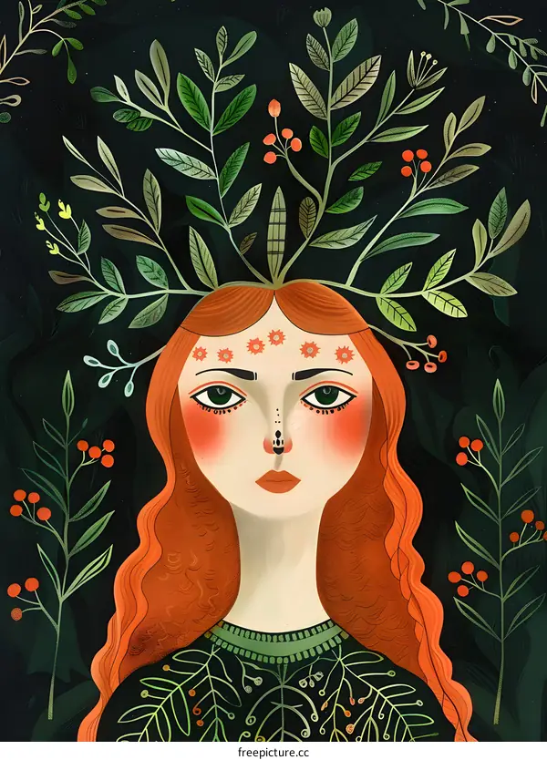 Woman with a Crown of Leaves and Flowers