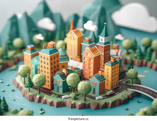 Low Poly City Model with Green Trees and Mountains