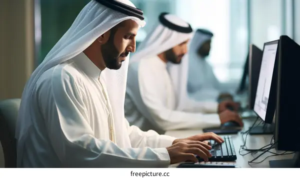 Three Emirati men in traditional dress work in an office.