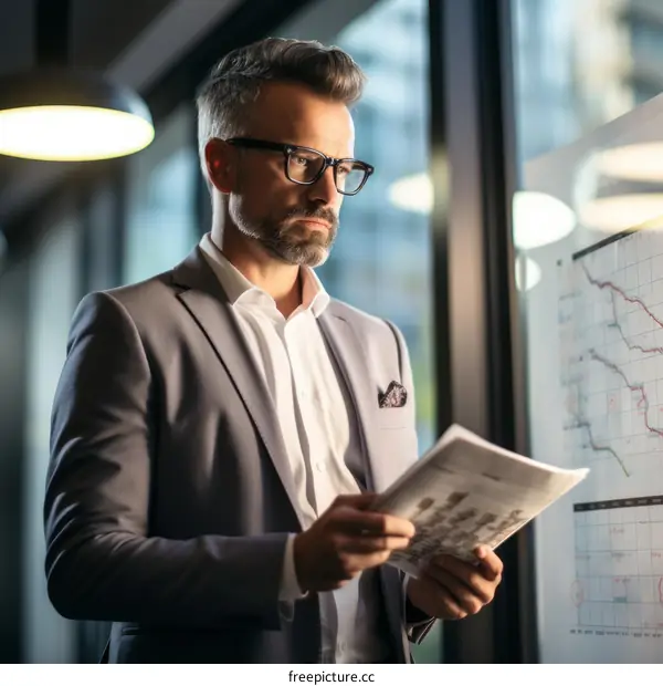 Businessman reading newspaper in office