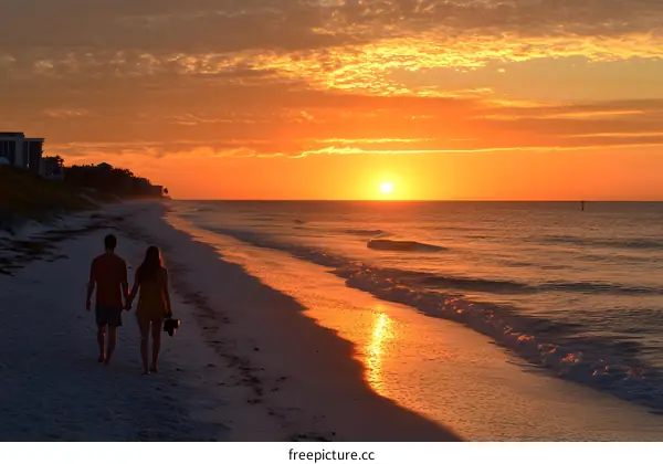 Couple Walking on Beach at Sunset