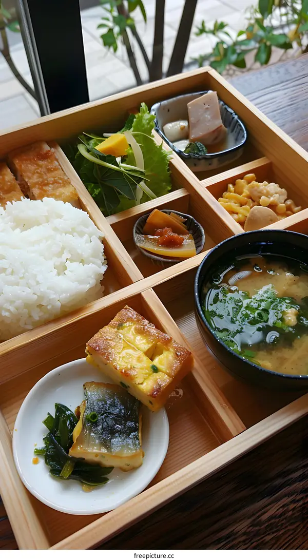 Japanese Style Lunch Box With Fried Fish and Tofu