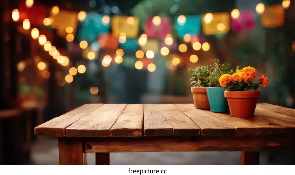 Wooden Table Top with Colorful Floral Decorations