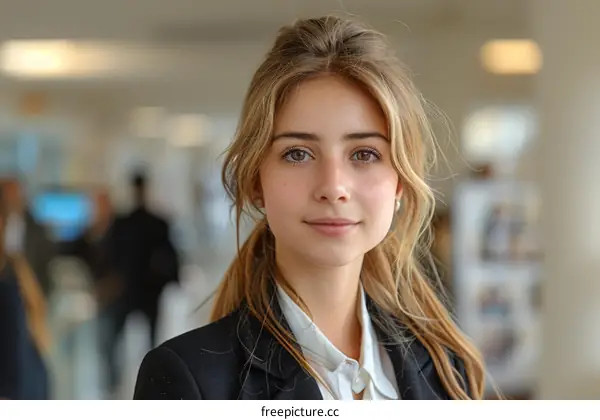 Portrait of a young woman with long blond hair wearing a white shirt and black suit jacket