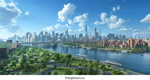 Panoramic View of New York City Skyline with Green Spaces