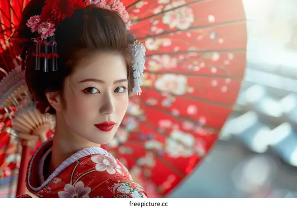 Portrait of a beautiful Japanese woman in traditional kimono with red umbrella