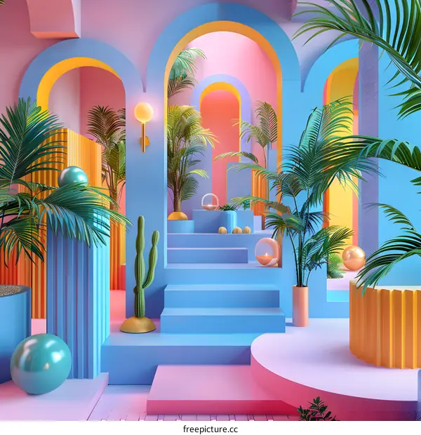 3D Render of an Abstract Stairway in a Tropical Paradise with Palm Trees and Bright Colors