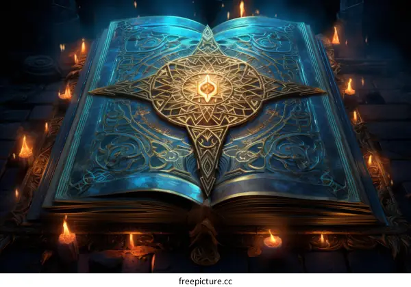 Illustration of a Magic Book with Glowing Eye and Candles