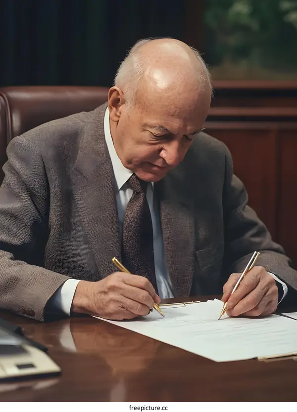 Senior Businessman Signing Contract in Office