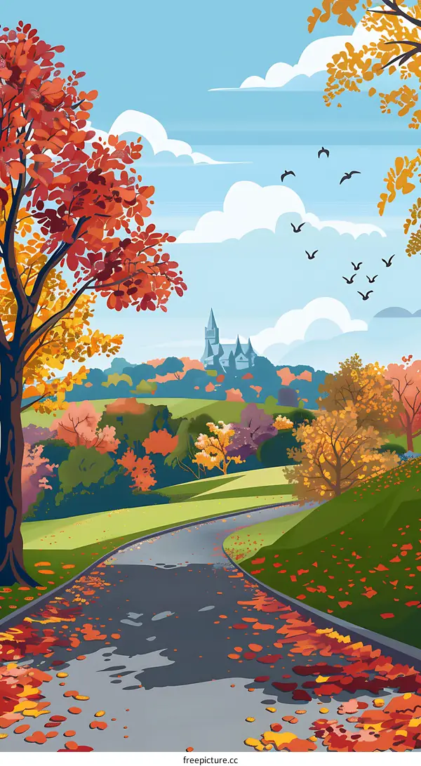 Autumn Road with Falling Leaves and Church in the Background