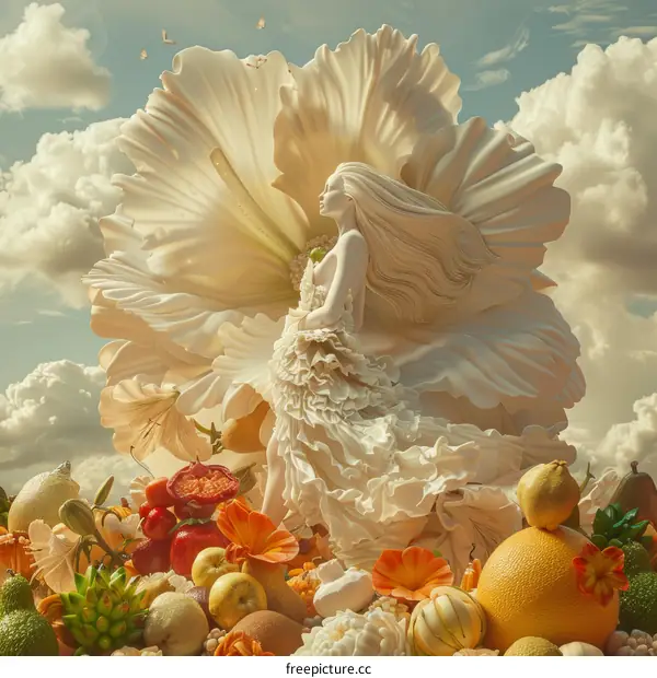 Woman in a Whimsical Field of Flowers and Fruits