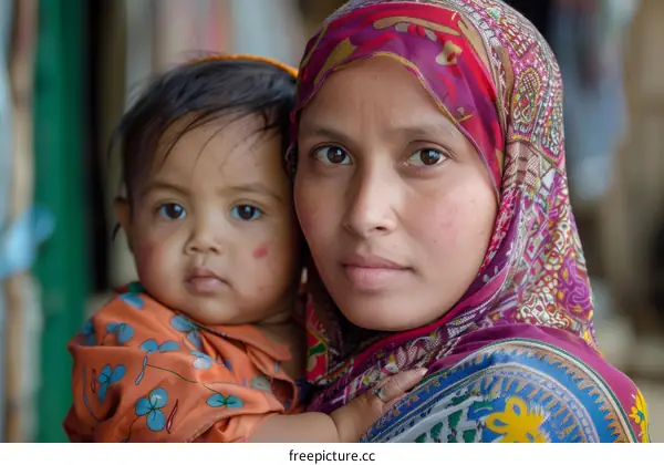 Mother and Child Embrace in a Cultural Setting