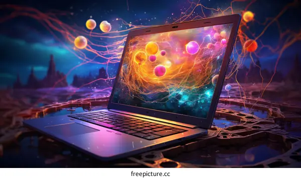Laptop with Colorful Glowing Spheres on Screen