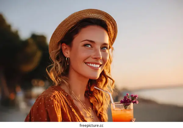 Smiling Woman Enjoying a Cocktail on the Beach at Sunset