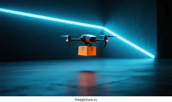 Drone Delivering Package in Futuristic Indoor Environment