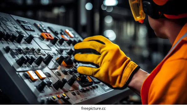 Technician wearing protective gear operates an industrial control panel