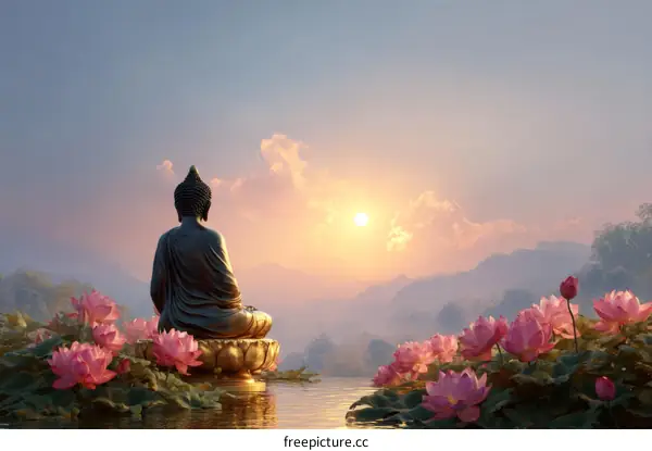 Buddha statue serene sunrise lotus pond
